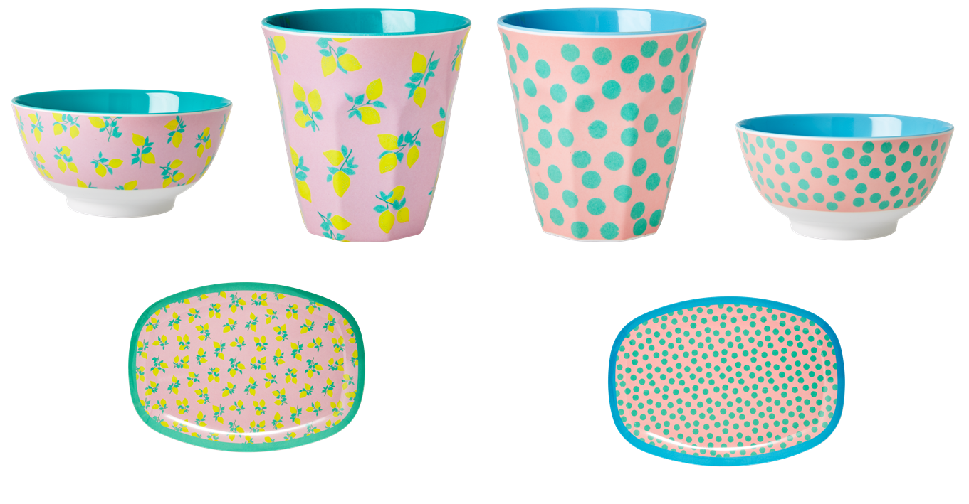 Rice DK Melamine Two tone lemon print with jade and two tone dot print